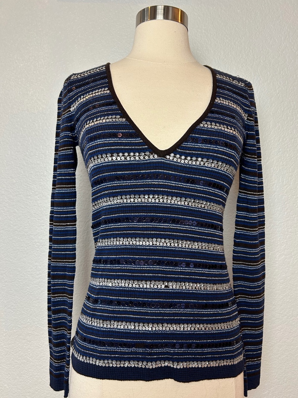 CLASS Roberto Cavalli V-Neck Sweater Women's 40/6 Brown Navy Striped Sequins
